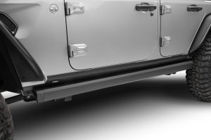 Jeep Wrangler Electric Running Boards - Go Rhino - VoltStep E1 Retractable, Dual-Motor, 6-inch, LED Lighting - Textured Black - `18-`24